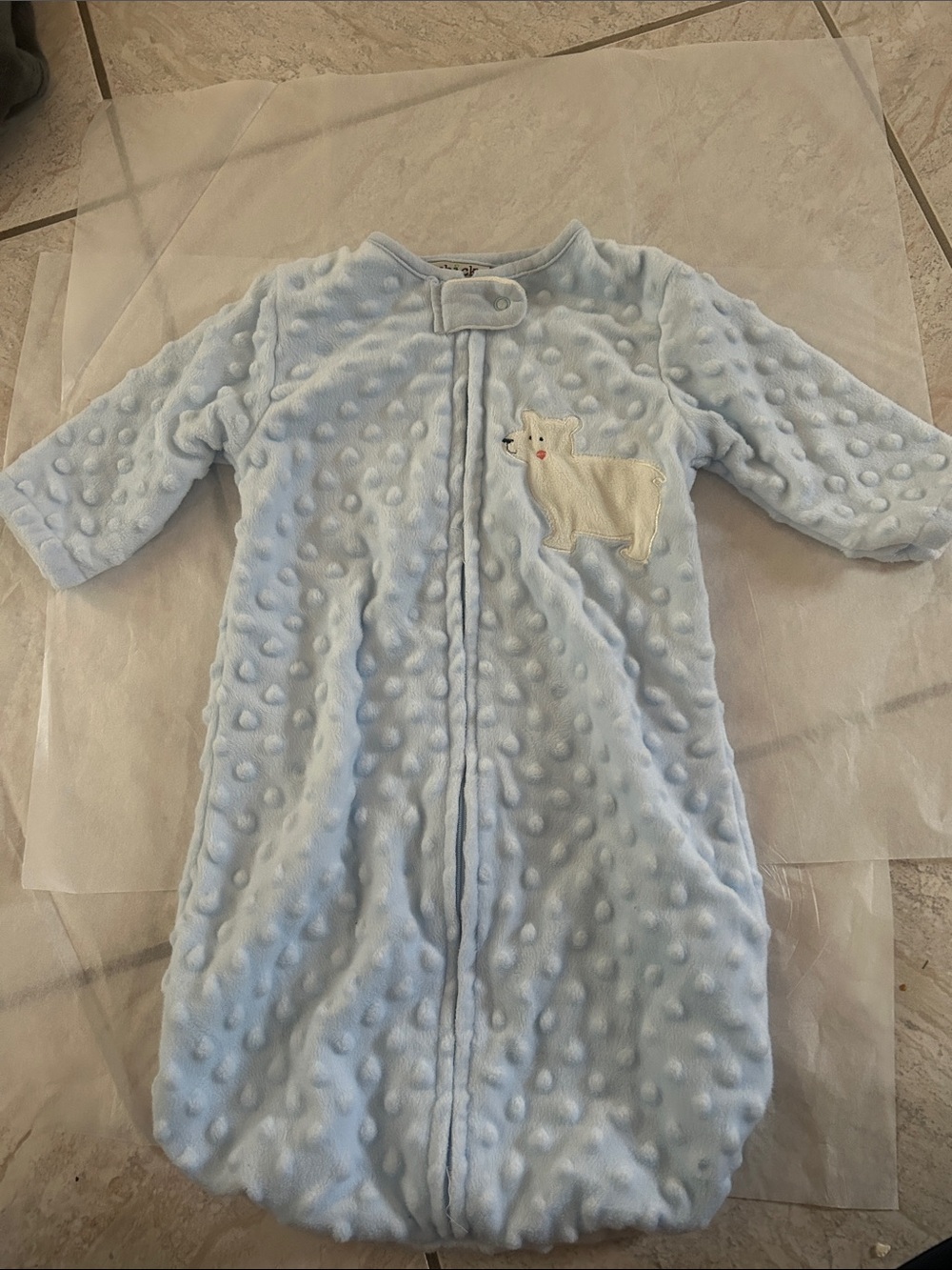 chick pea Light Blue Plush Sleep Sack with Bear Applique
